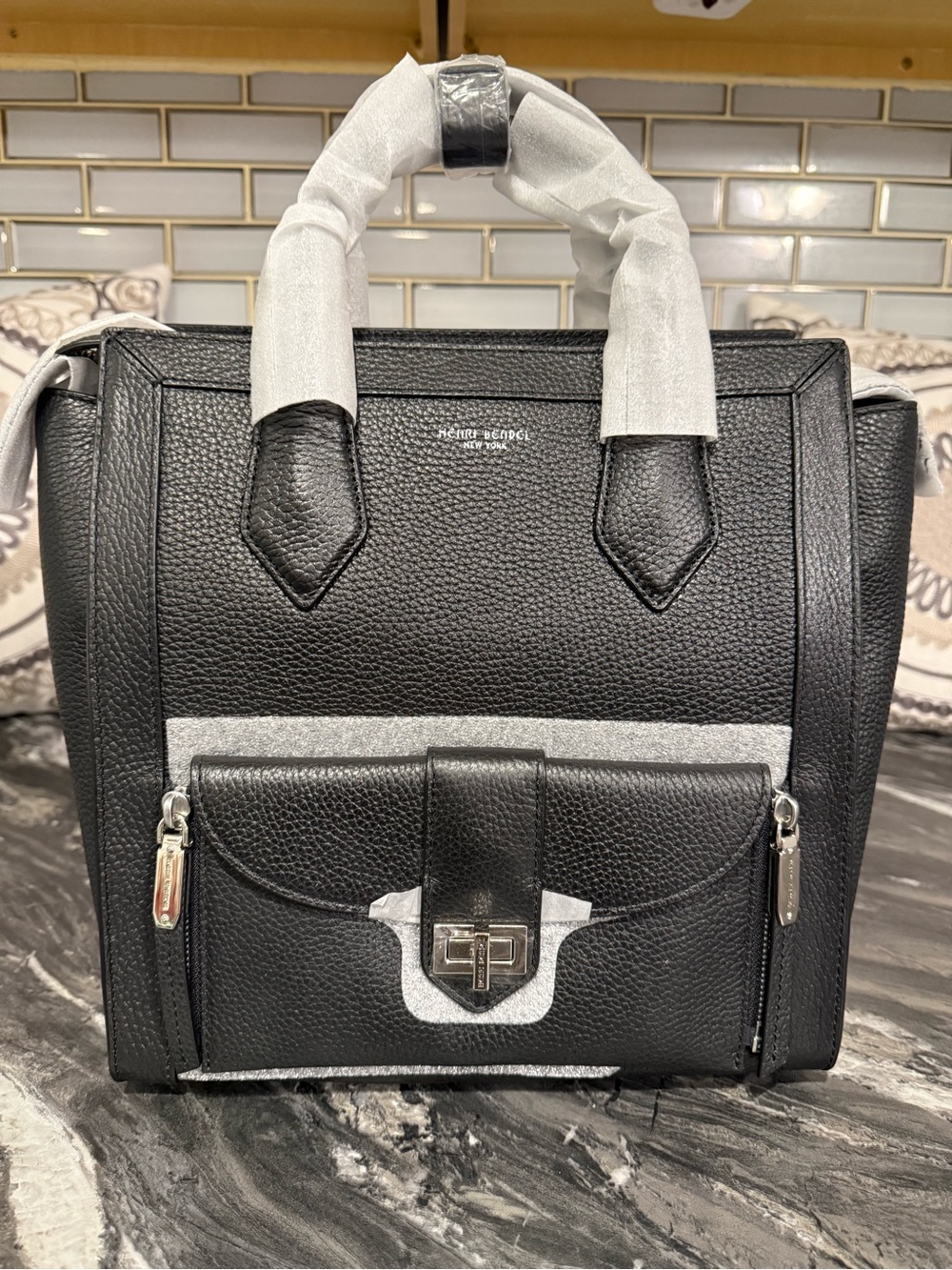 HENRI BENDEL RIVINGTON Black Leather Convertible Backpack Tote, Silver Hardware - Picture 2 of 4